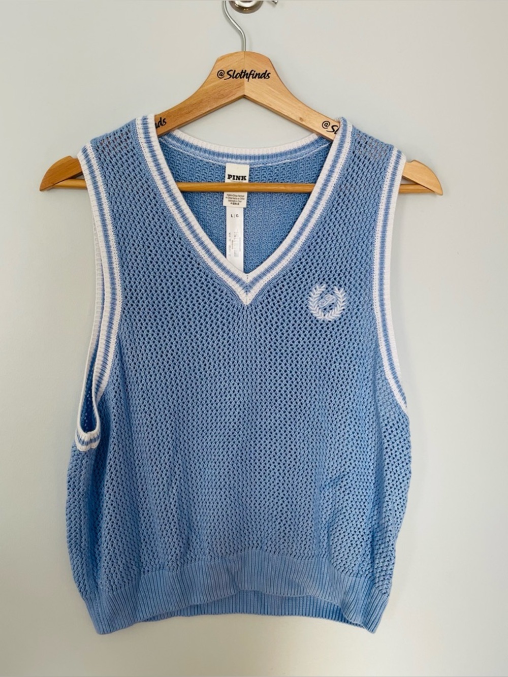 PINK Victorias Secret Collegiate V-Neck Sweater Vest- Lt Blue- Size Large-NWT - Picture 8 of 9